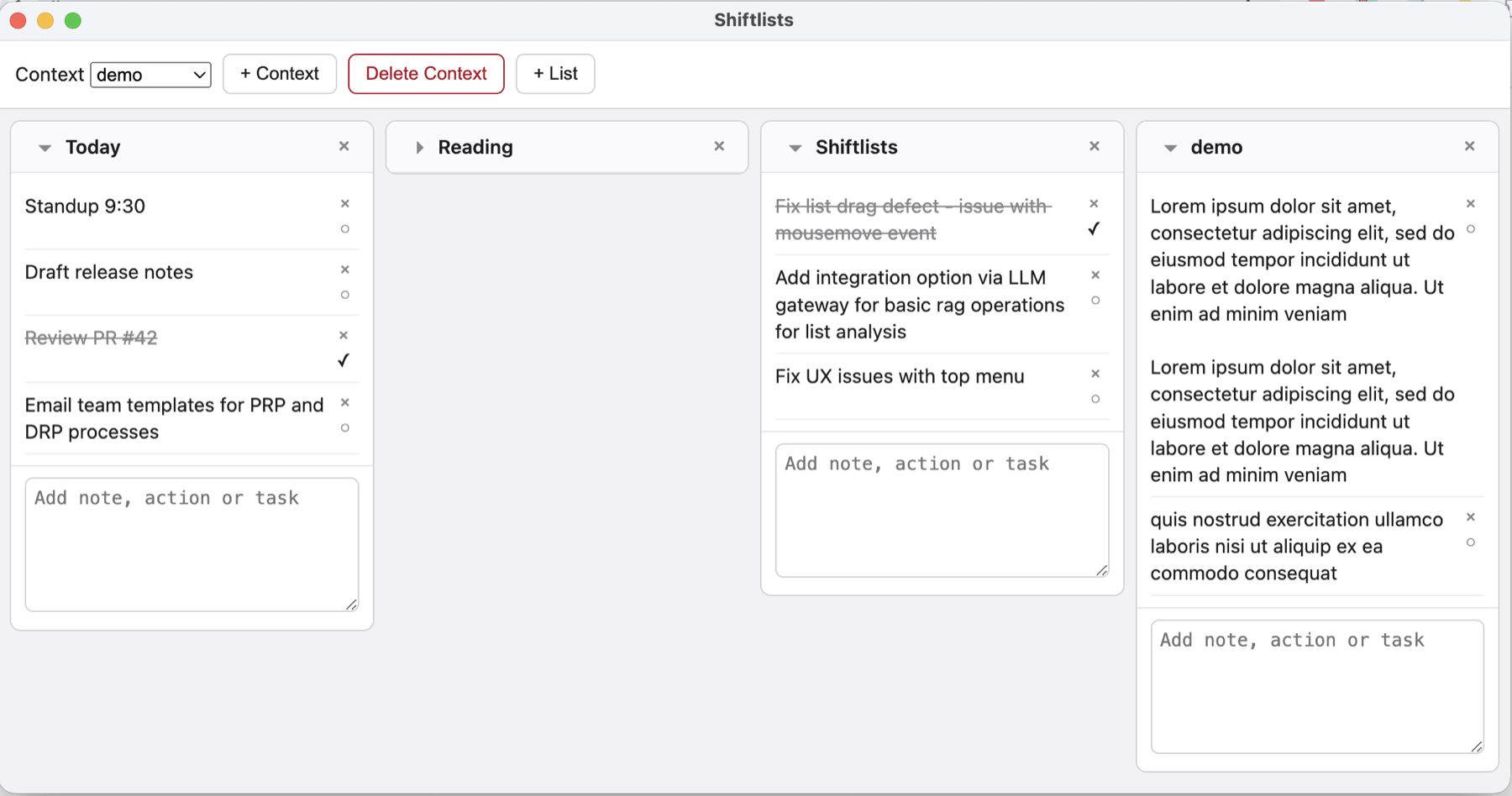 The Shiftlists window on macOS: a Context selector with demo selected and + Context, Delete Context and + List buttons above four list columns titled Today, Reading, Shiftlists and demo, each with an Add note, action or task box at the bottom.